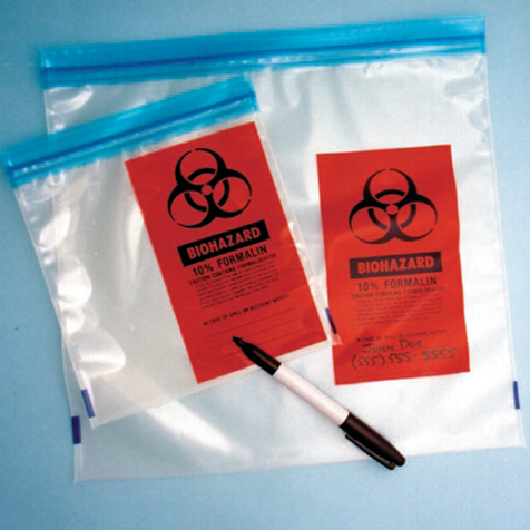 Globe Scientific Bag, Liquid Tight Ziplock for Specimen Storage with Formalin Warning Printing, Saranex, 12" x 12", 250/Pack, 4 Packs/Unit Bags